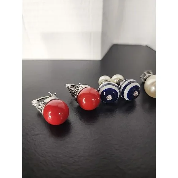 Vintage earrings lot 4 pairs stud / drop faux pearl red coral crystal jewelry - Picture 2 of 8